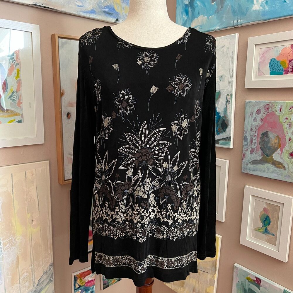 Jaipur Black Floral Embroidered Long Sleeve Top Medium Boho Stretch Knit Artsy